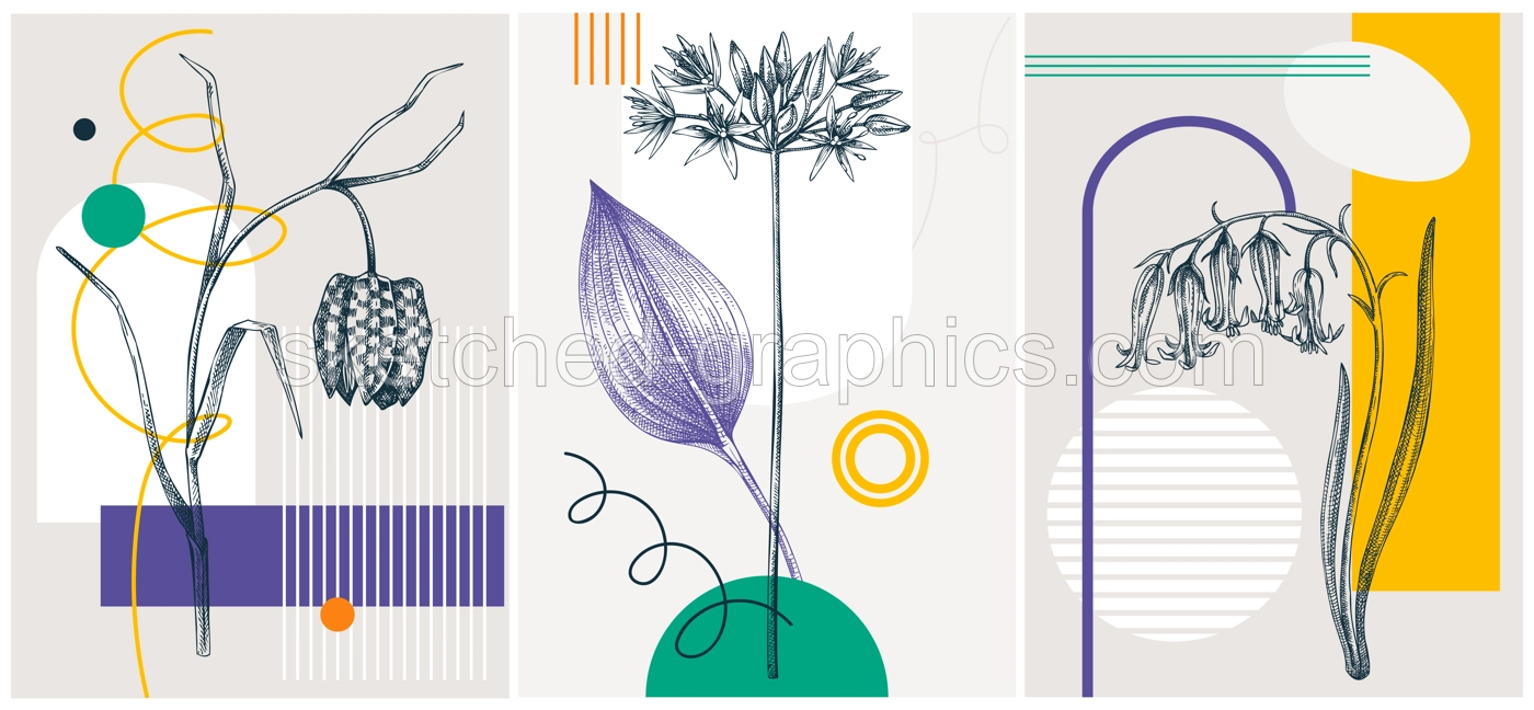Collage-style spring flower vector illustration. Hand-sketched floral banner set. Trendy design with botanical elements and geometric shapes. Elegant wildflowers for sketch print, poster, and card Illustration